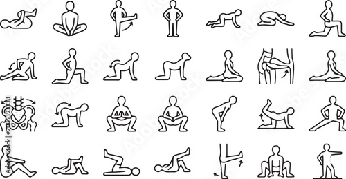 Pelvic floor exercises and hip flexibility stretching line icons set. Kegel workouts, lower back pain relief, and yoga poses linear vector symbols