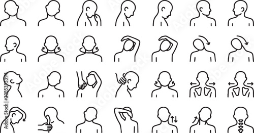 Neck stretch and mobility line icon set. Physical therapy, cervical spine rehabilitation, posture correction, cervical pain relief exercises, and ergonomic workout silhouettes. Minimal vector outline 