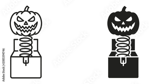 Canvastavla Scary Jack-in-the-Box Surprise: Two stylized jack-in-the-box toys with carved evil pumpkin heads, one in outline and one in solid black, poised to spring forth from their boxes with a sinister grin