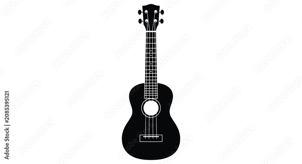 Fototapeta premium Black silhouette of a ukulele with strings against a white background silhouette