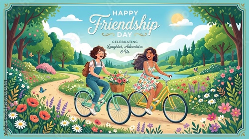 Happy Friendship Day greeting card, two female friends riding bicycles in a sunny park, vintage illustration with flowers and nature landscape