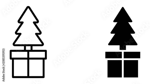 Obraz na plátně Christmas Tree on Gift Box: A festive holiday icon featuring a stylized Christmas tree atop a wrapped gift box, presented in both outline and solid black versions for versatile design use