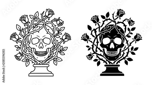 Εκτύπωση καμβά Gothic Symbiosis: A striking artistic depiction of a human skull intertwined with thorny rose branches and blooming flowers, presented in both line art and solid silhouette forms