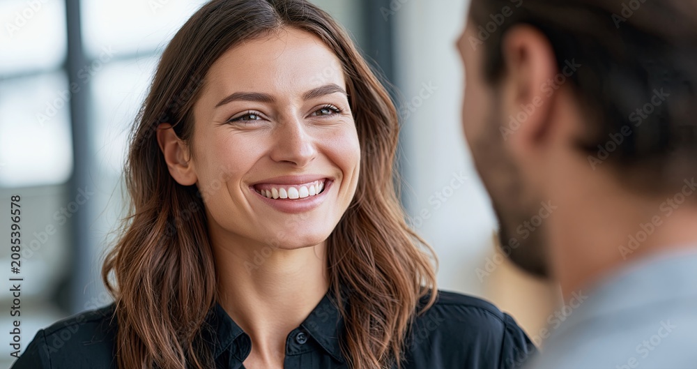 Fototapeta premium Female financial advisor advising a male client on investments in a bright, contemporary office setting.