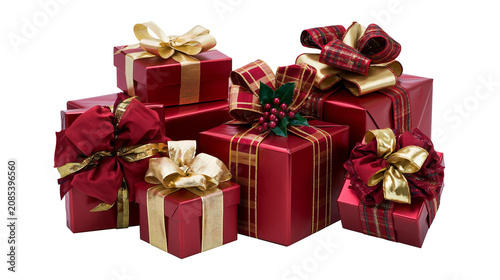 Canvastavla Stack of Red Gift Boxes with Gold and Plaid Ribbons