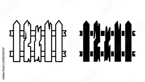 Cuadro en lienzo Damaged Wooden Fence Icon Set: Two stylized icons of a broken wooden fence, one in outline and one in solid black, representing damage, dilapidation, or a barrier in need of repair