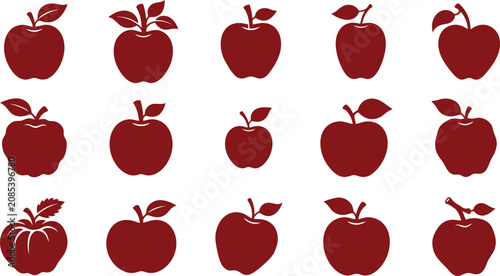 Fotografie A collection of fifteen distinct dark red apple silhouettes arranged in a neat grid pattern against a plain white background for minimalist design graphic projects