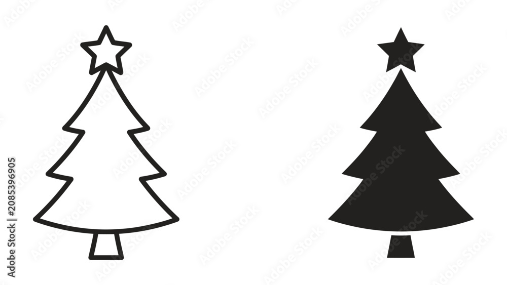 Fototapeta premium Christmas Tree Outline and Silhouette: A minimalist depiction of a Christmas tree, presented in both an outline and solid silhouette style, topped with a star, symbolizing the festive holiday season.