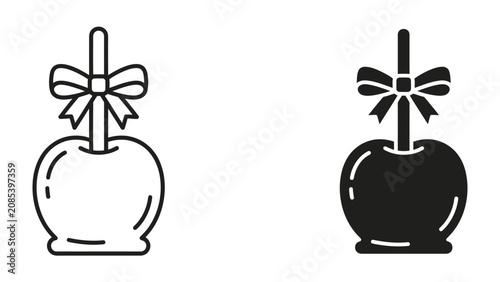 Canvastavla Candy Apple Icons: A stylized illustration of a candy apple, presented in both outline and solid black versions, featuring a decorative ribbon bow