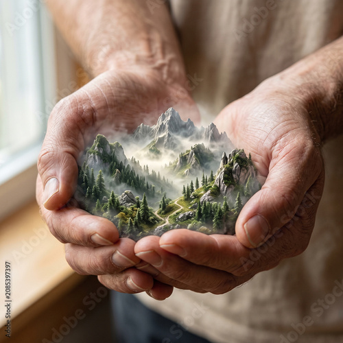Aged Hands Holding a Miniature Mountain Landscape with Forests and Clouds Symbolizing Nature Conservation and Environmental Protection