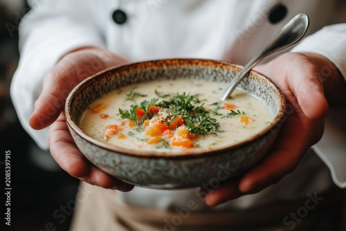 Chef Presents Bowl of Creamy Gluten-Free Soup