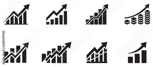 Black and white graphic showing a rising bar chart with an upward trending arrow symbolizing growth Icons Set