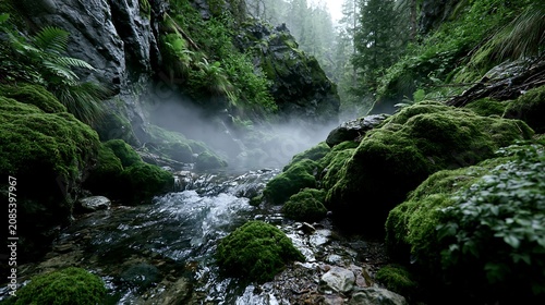 Enchanting Forest Stream with Mist and Lush Green Mossy Rocks