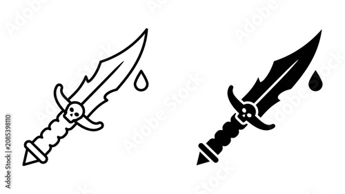 Obraz na płótnie Dagger with Blood Drop: A menacing dagger with a skull emblem on its hilt, depicted in both outline and solid black, featuring a blood drop dripping from its ornate blade