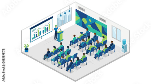Business Presentation in a Modern Isometric Conference Room with a Speaker Showing Data Analysis to a Diverse and Engaged Audience