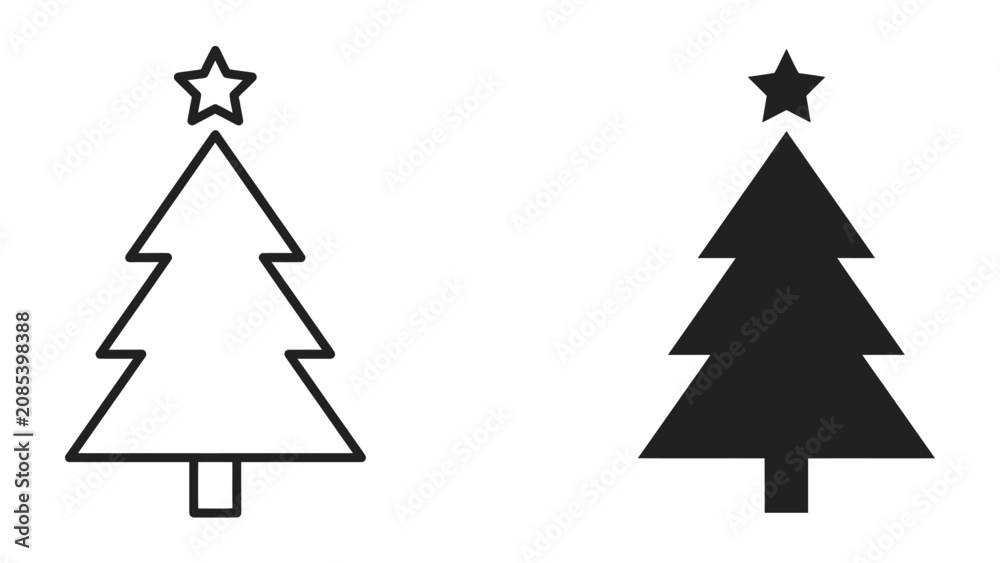 Obraz premium Christmas Tree Icons: Two stylized Christmas tree icons, one outlined and one solid black, each adorned with a star at the top, representing festive holiday spirit.