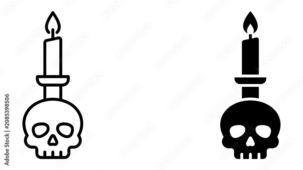 Εκτύπωση καμβά Candle in Skull Holder: Two stylized icons depict a burning candle held aloft in a skull-shaped candlestick, one rendered in outline and the other in solid black, perfect for themes of mystery
