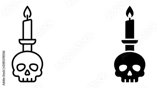 Fotografie Candle in Skull Holder: Two stylized icons depict a burning candle held aloft in a skull-shaped candlestick, one rendered in outline and the other in solid black, perfect for themes of mystery
