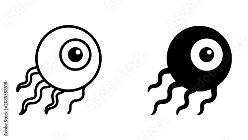 Foto Eyeball With Tentacles: A stylized illustration of an eyeball with flowing tentacles, presented in both outline and solid black versions, symbolizing perception and abstract thought