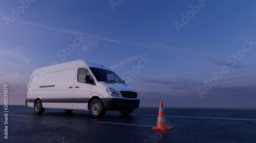 White commercial delivery van parked on an asphalt road with a traffic cone at twilight under a blue evening sky