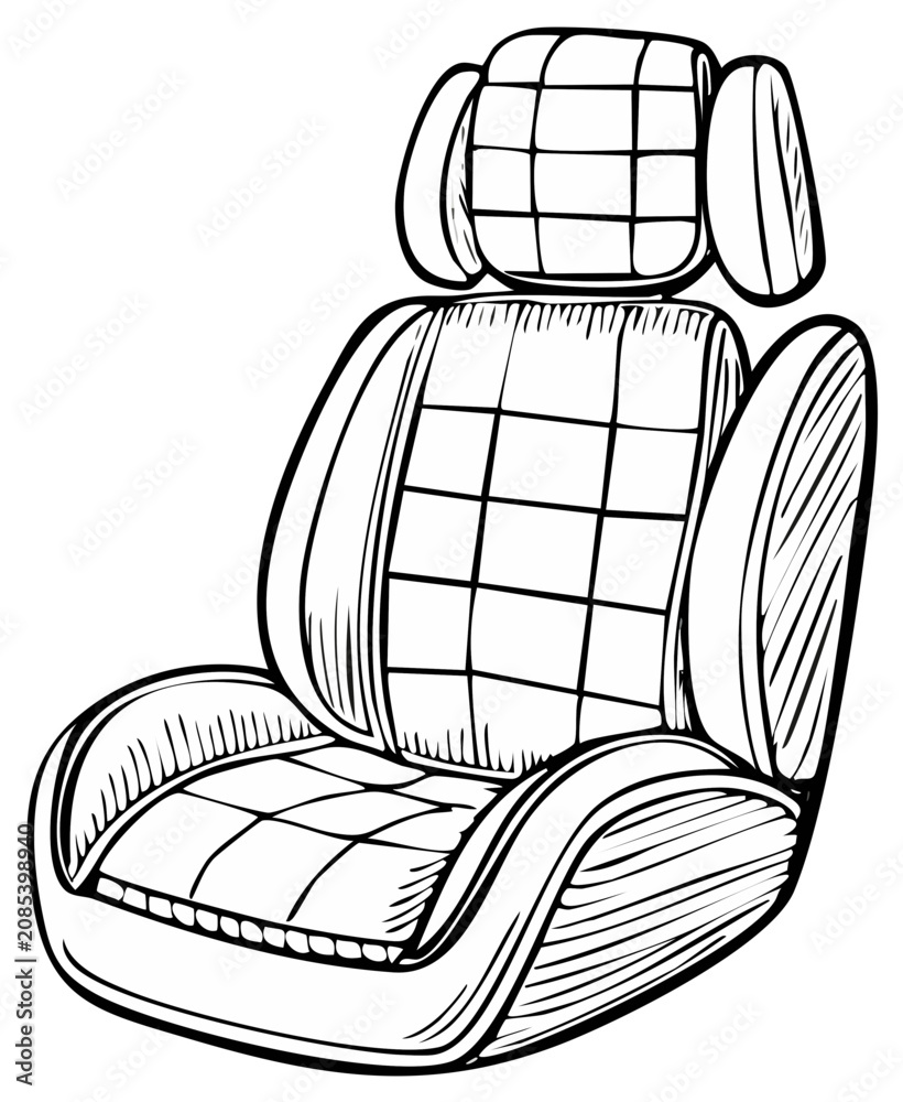 Fototapeta premium Hand drawn sketch of a comfortable car seat with headrest and detailed stitching