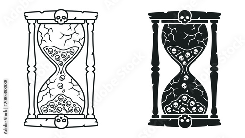 Time's Macabre Count: A stark hourglass illustration, depicting cracked glass and a cascade of skulls, symbolizes the relentless passage of time and the inevitability of mortality.