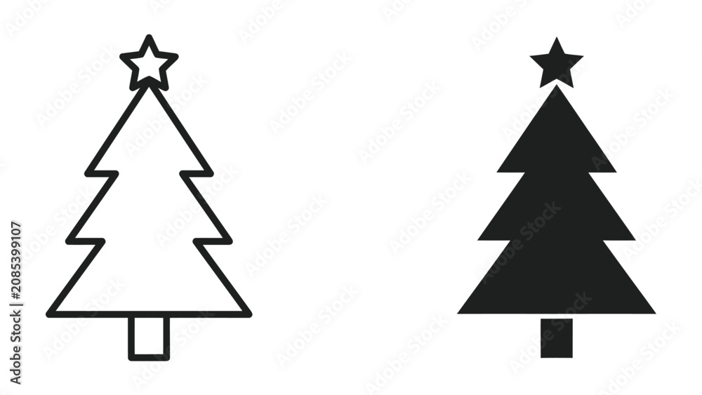 Obraz premium Christmas Tree Icons: Two stylized Christmas trees, one an outline and the other a solid silhouette, both topped with a star, represent the festive spirit of the holiday season.