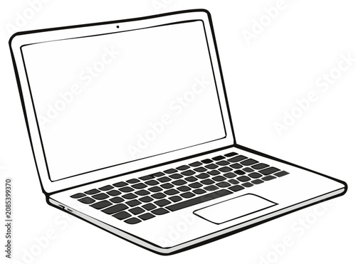 Black and white illustration of an open laptop
