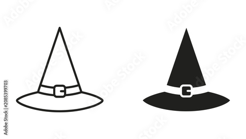 Fotografie Witch Hat Icons: Two stylized witch hats, one outlined in black and the other solid black, showcase the iconic pointy silhouette with a buckle detail, perfect for Halloween or fantasy themes