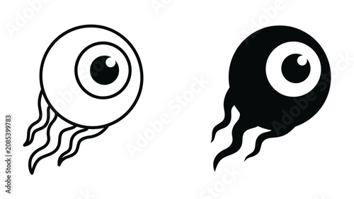 Obraz na plátně Floating Eyeball Icons: Two stylized eyeball icons, one outlined in white and the other filled in black, appear to float with trailing tentacles, evoking a sense of mystery and intrigue