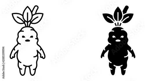 Obraz na plátně Mandragora Creature Illustration: Two stylized illustrations of a mandragora creature, one in black and white outline and the other as a solid silhouette, both featuring leafy tops and stubby limbs