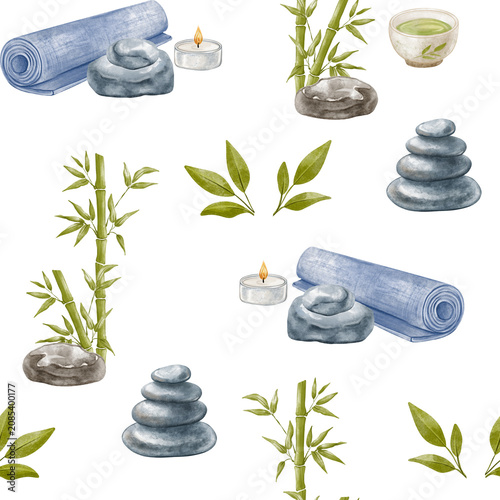 Photography Seamless pattern with yoga mat, zen stones, bamboo and cup of tea
