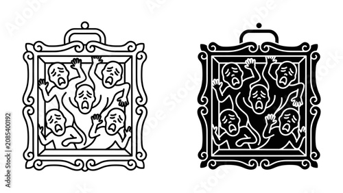 Cuadro en lienzo Trapped in the Frame: A stark illustration depicts several figures contorted in distress, their hands desperately grasping the edges of ornate frames, symbolizing confinement and helplessness