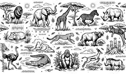 Photography Vintage Safari Animal Seamless Pattern with Black and White Monochrome Coloring