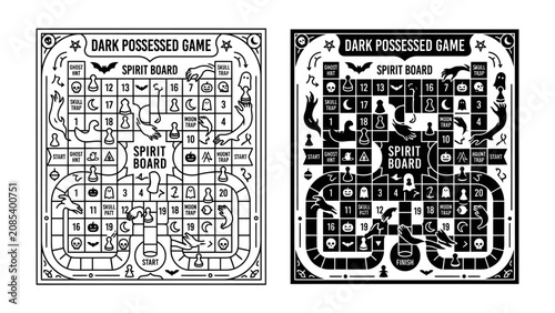 Foto Dark Possessed Game Board: A visually striking game board design featuring a supernatural theme, presented in both black and white and inverse color palettes