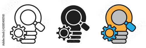 Business analytics lightbulb icon set integrating magnifying glass and cogwheel for information search, digital research, and system optimization.