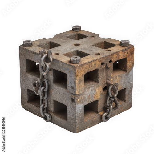 Old rusted metal cube structure with decayed texture