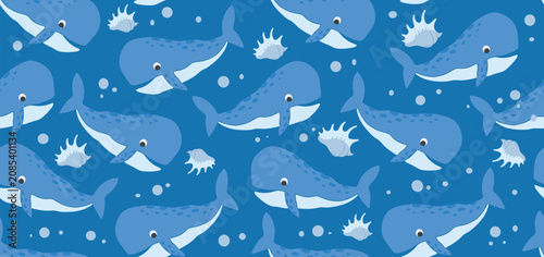 Cuadro en lienzo Cute seamless pattern background featuring cartoon blue whales and sperm whales over a rich blue backdrop