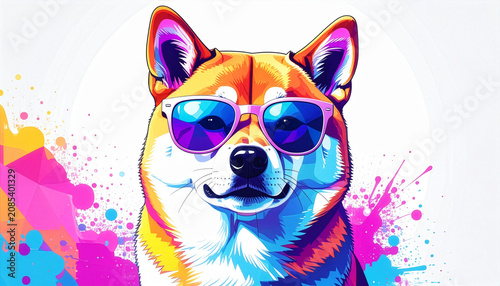 Portrait of colorful shiba inu dog wearing blue sunglasses