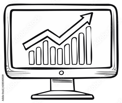 Hand-drawn computer monitor displays a bar graph with an arrow indicating upward growth, investment, and financial success.