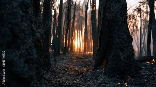 Burnt tree trunks in forest after devastating wildfire at sunset