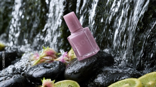 Mockup of pink nail polish bottle on wet zen stones by waterfall