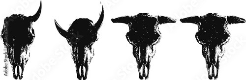 set of four black buffalo skull silhouettes with horns in different styles on white background