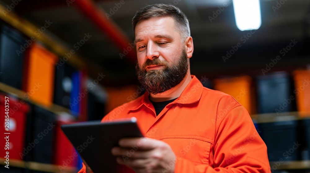 Fototapeta premium Warehouse Worker Engrossed in Mobile Device