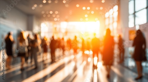 Blurred crowd of people walking indoors with sun flare