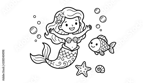 Obraz na płótnie Cute Little Mermaid with Fish Starfish and Seashell Cartoon Outline Vector Illus