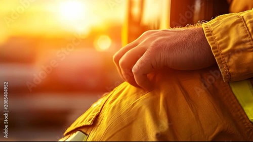 Firefighter wearing protective yellow uniform resting during sunset break while on duty at the emergency site after intense rescue operations