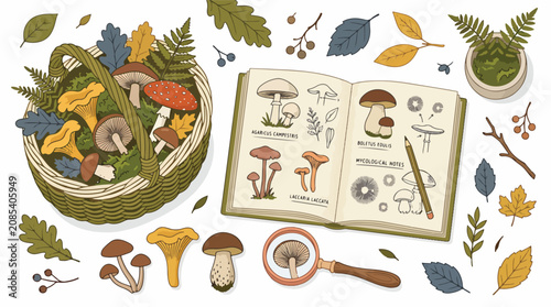 Konstfotografi Colorful mushrooms and foraging guide illustration.