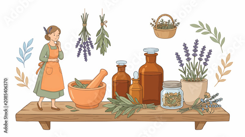 Photos Herbalist with Mortar and Pestle and Glass Bottles.