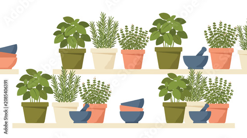 Foto Colorful potted herbs and plants on wooden shelf.